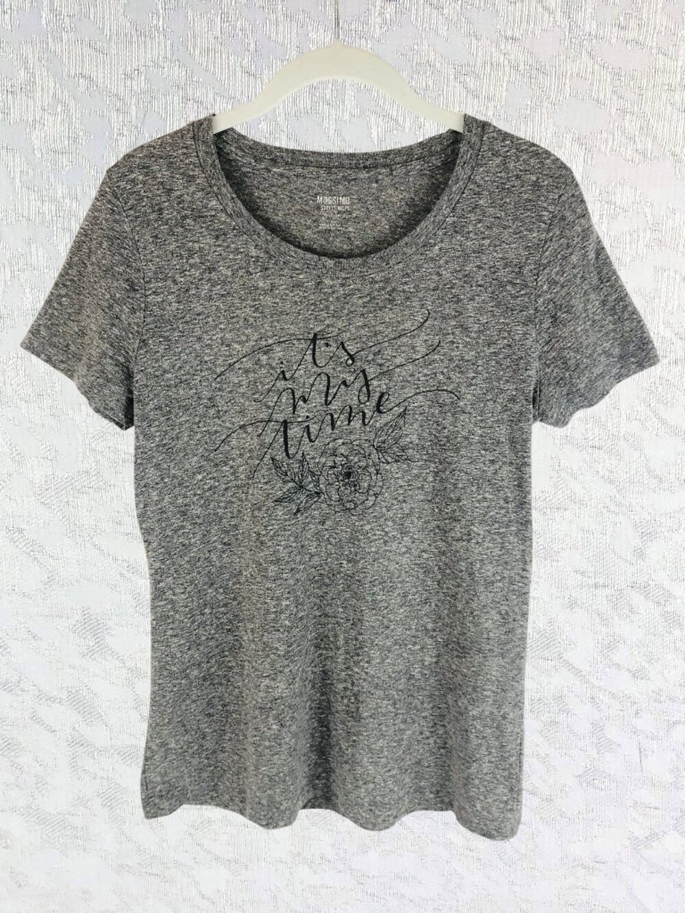 Mossimo Heather Gray “It’s My Time” Graphic Tee Floral Short Sleeve Women’s L